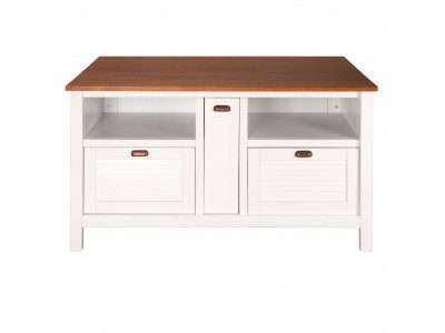 Ilha grande para cozinha em branco laca com o tampo castanho de 160 cm com três banquetas / Coleção Cozzy.